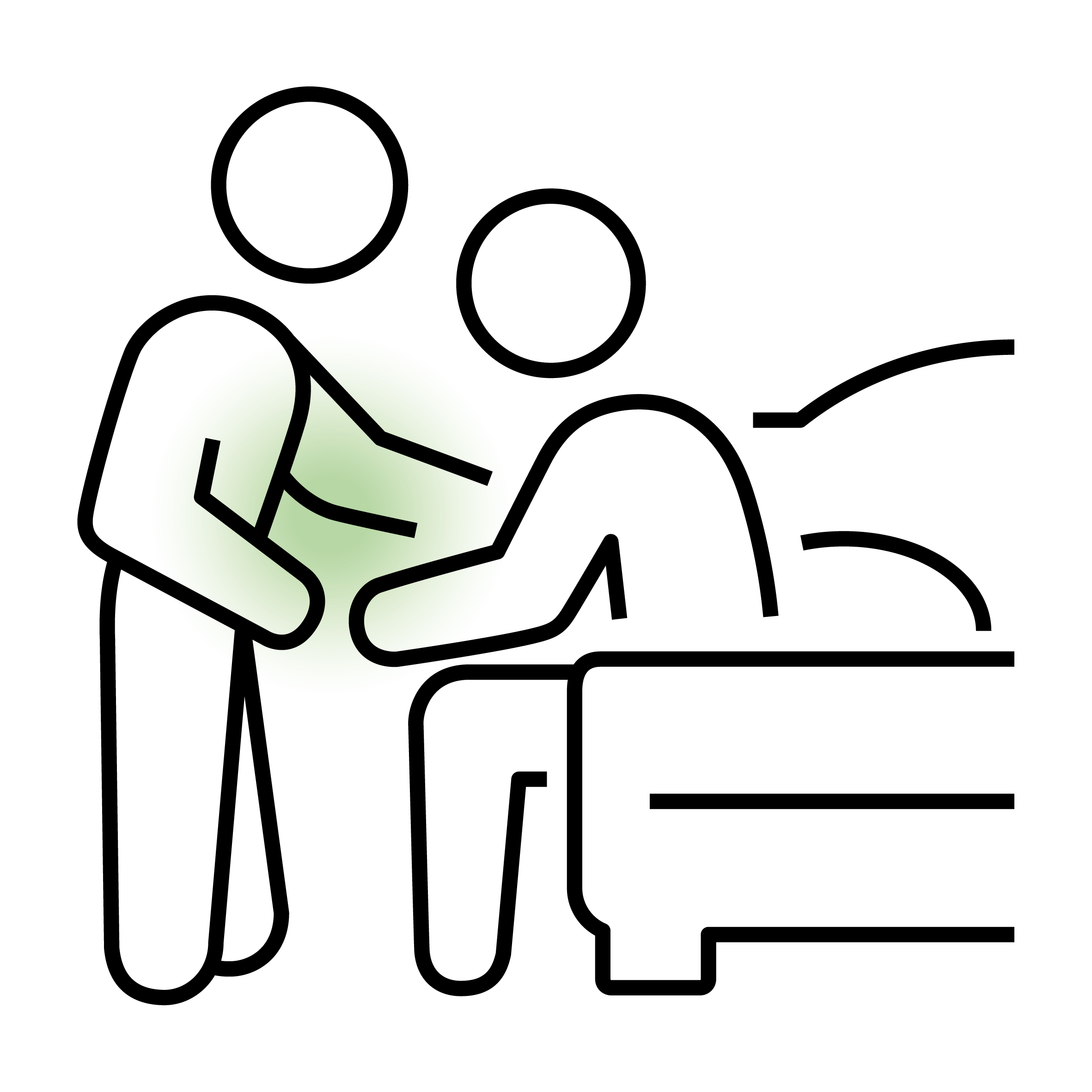 Piktogramm: Person unterstützt eine andere Person beim Aufstehen aus dem Bett.