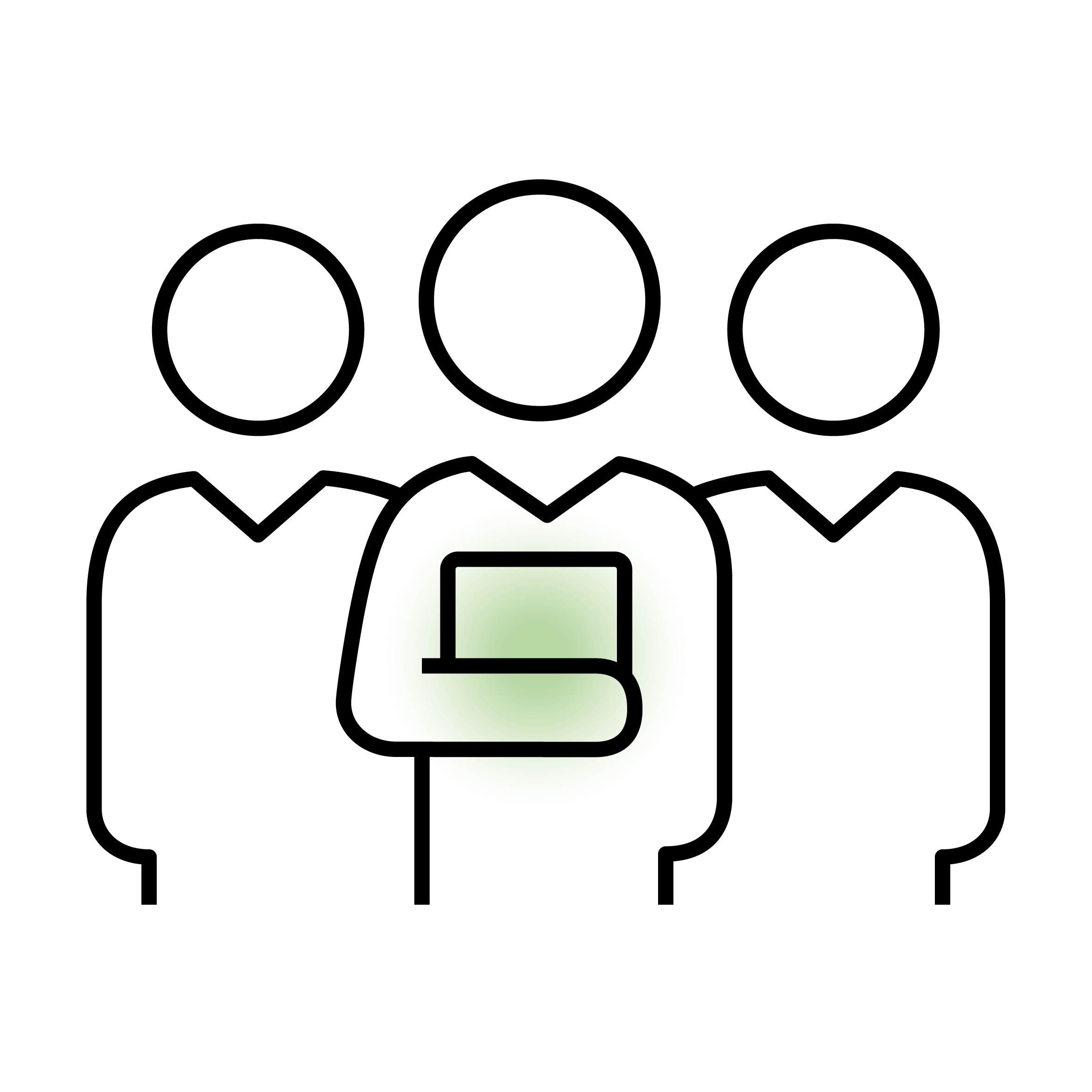 Three stylised people with a laptop symbol.