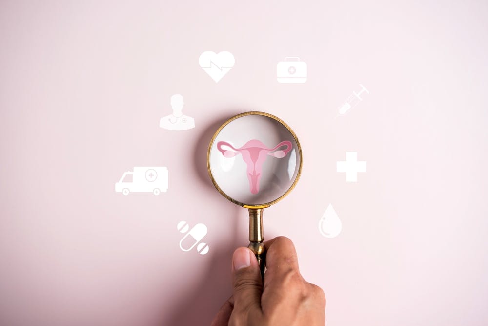 Magnifying glass shows uterus symbol, surrounded by health icons, pink background.