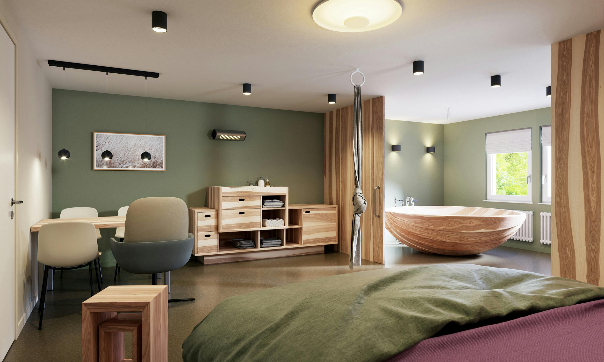 Geburtshaus Zollikerberg: Modernes Zimmer mit grünen Wänden, Holzmöbeln und Badewanne.