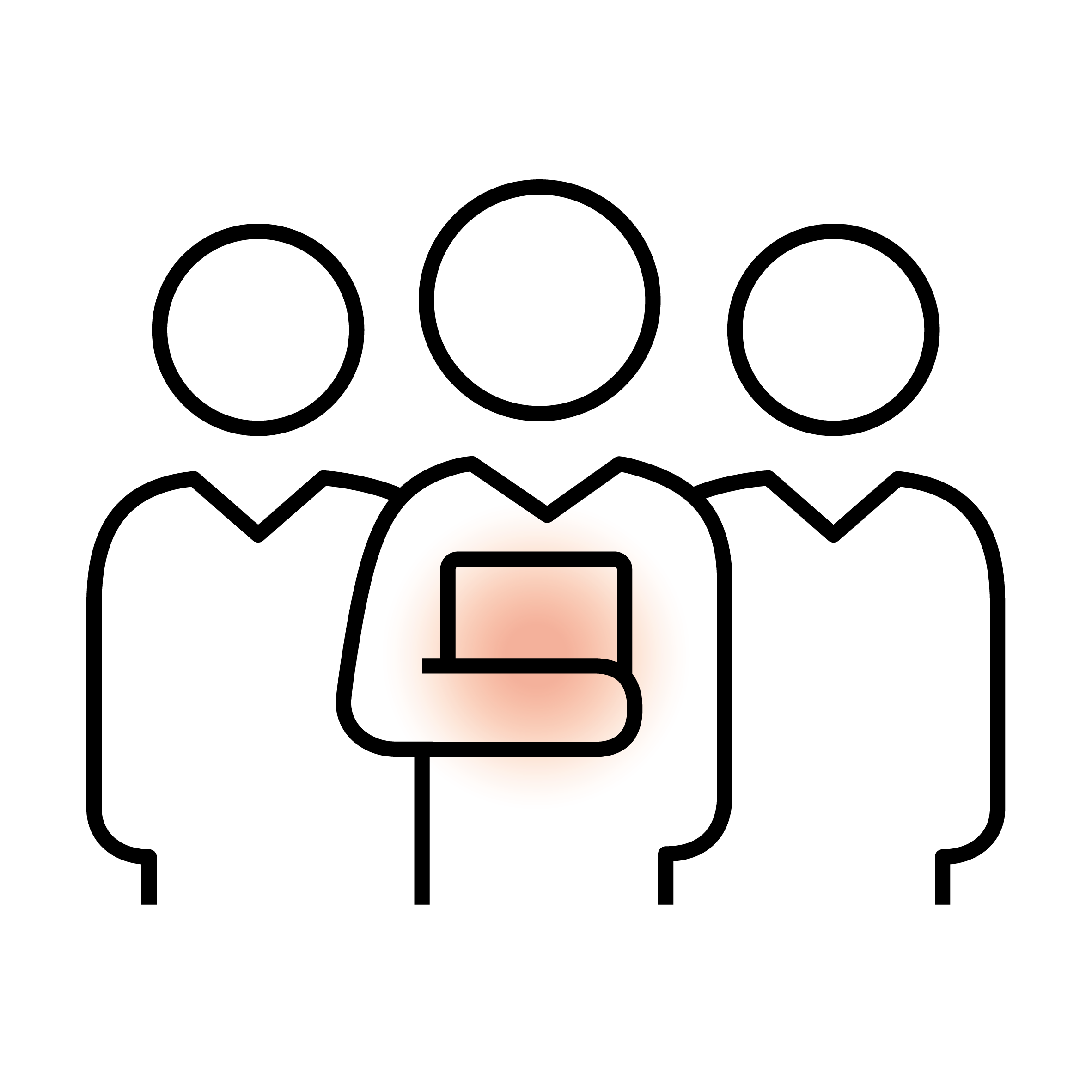 Alternativer Text: "Icon von drei stilisierten Personen mit einem ausgewählten Mitglied in der Mitte für Teamarbeit und Führung."