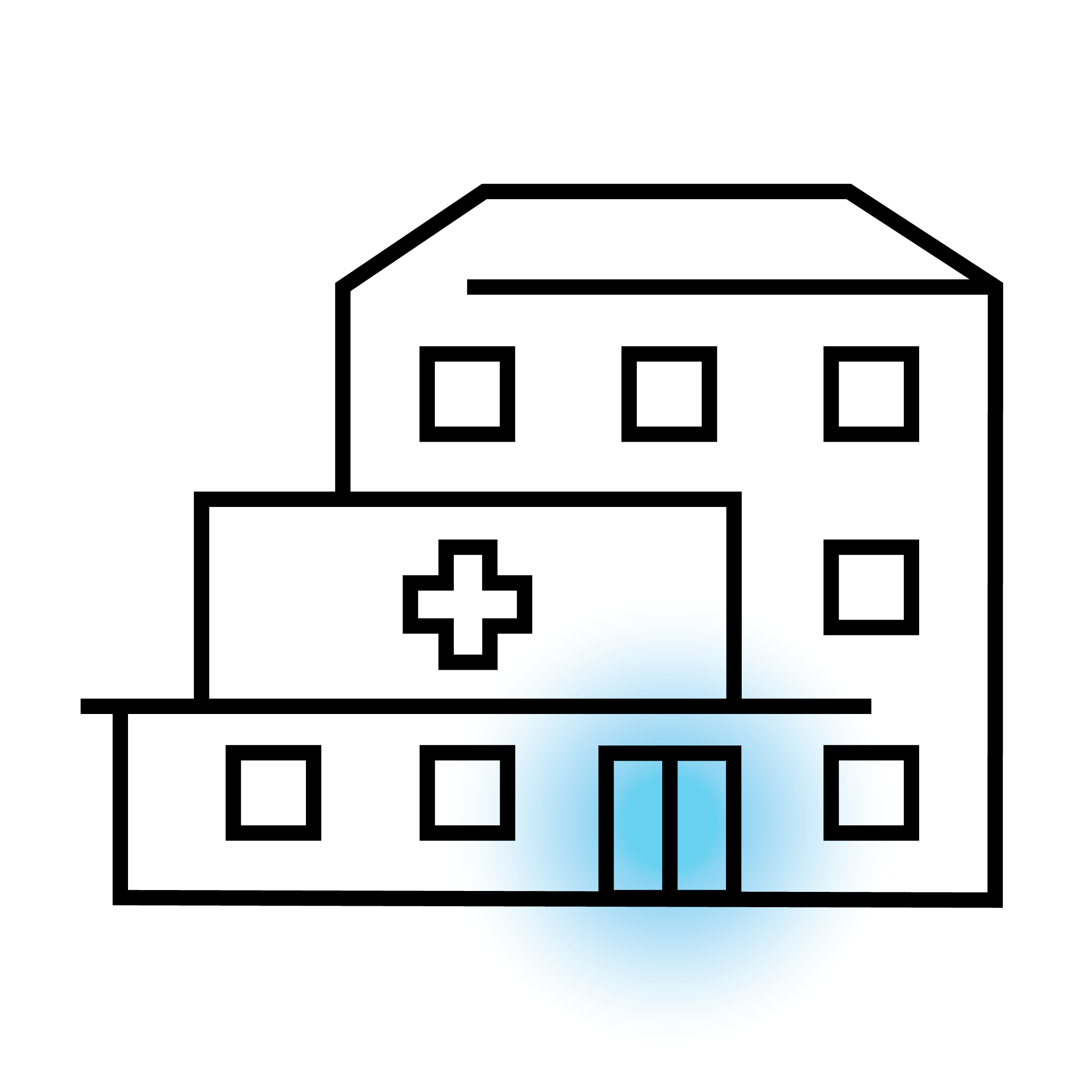 Zeichnung eines Krankenhauses mit blauen Akzenten