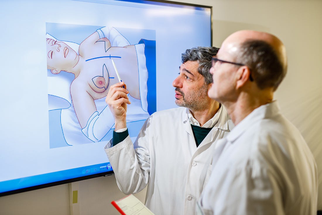 Zwei Ärzte betrachten und besprechen eine medizinische Illustration auf einem Bildschirm.