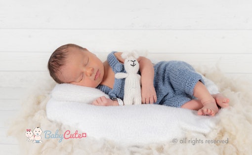 Schlafendes Neugeborenes in blauer Strickkleidung mit Stofftier.